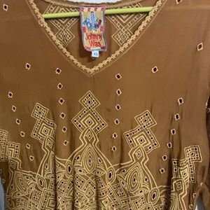 Johnny Was Brown Geometric Embroidered Blouse